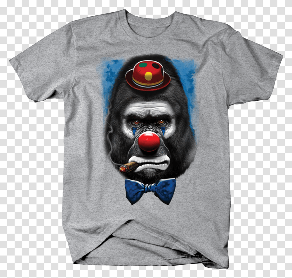Big Gorilla Smiking Cigar Dressed As Sad Bow Clown Up Doe T Shirt, Performer, Apparel, T-Shirt Transparent Png