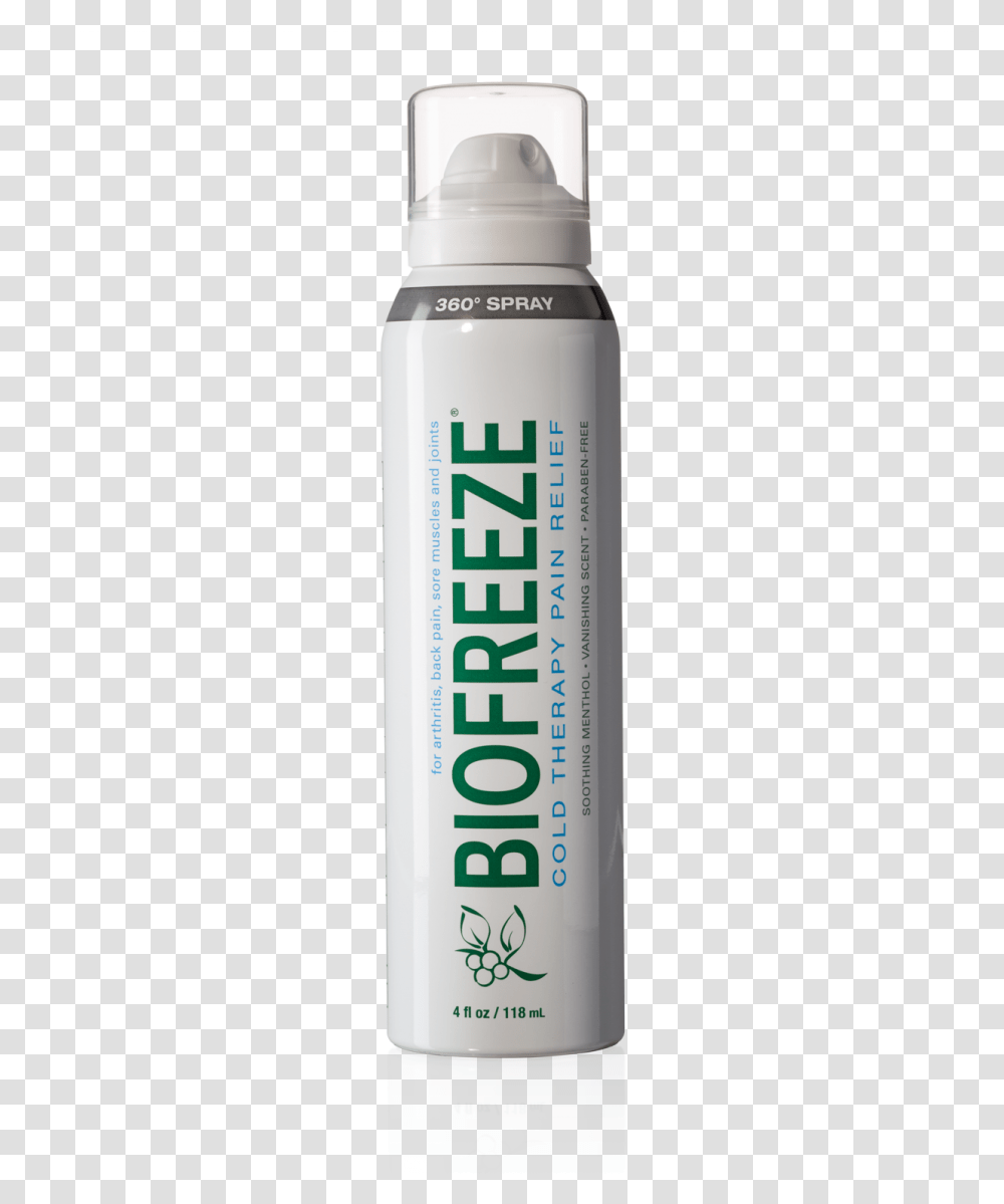 Biofreeze Pain Reliever 360 Continuous Spray 4 Ounce Water Bottle, Shaker, Can, Aluminium, Spray Can Transparent Png