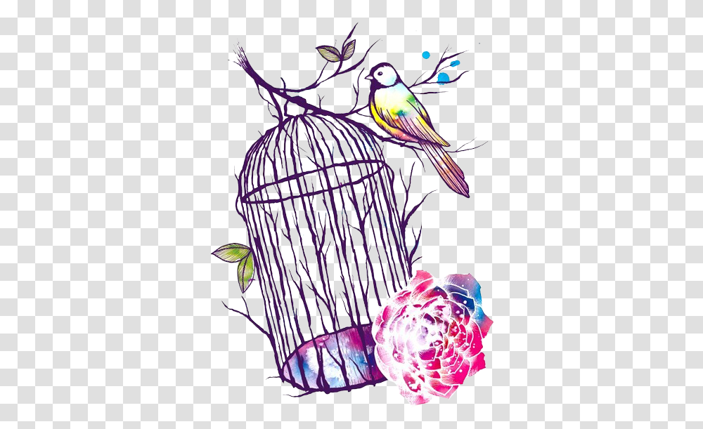Bird Colorful And Flowers Image Bird Cage Drawing, Animal, Plant, Blossom, Bee Eater Transparent Png