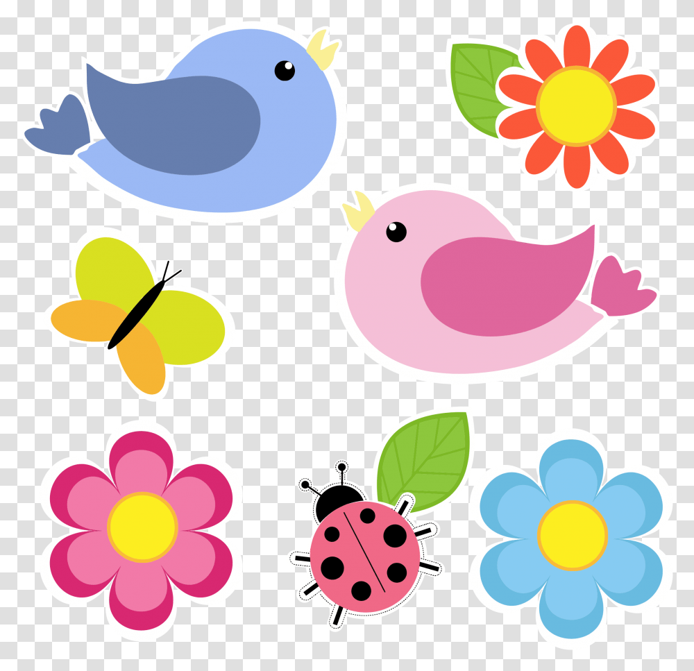 Birds Butterfly Ladybug And Flowers No Background, Floral Design, Pattern Transparent Png