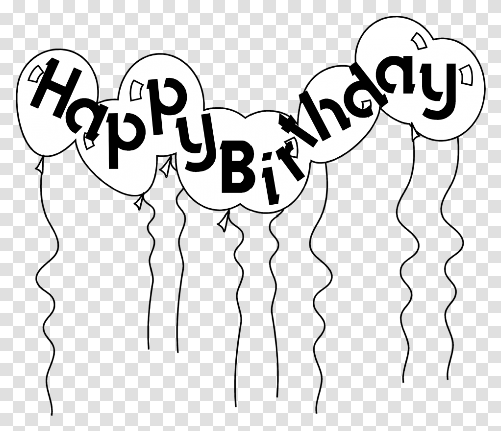 Birthday Black And White Happy Clipart Happy Birthday Balloons, Label, Text, Symbol, Logo Transparent Png