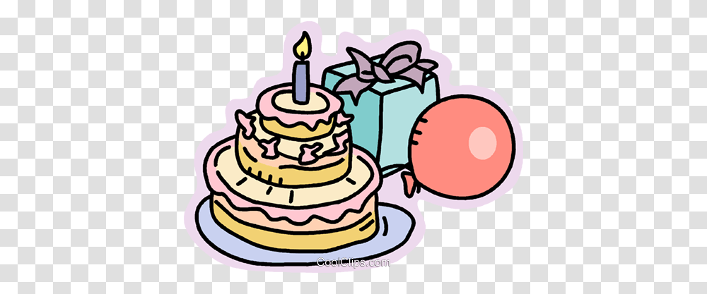 Birthday Cake Presents And Balloons Royalty Free Vector Clip Art, Dessert, Food, Torte, Wedding Cake Transparent Png