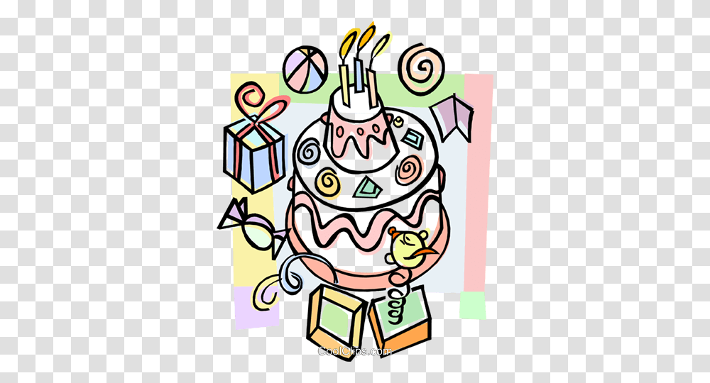 Birthday Cake With Party Favors Royalty Free Vector Clip Art, Doodle, Drawing, Leisure Activities Transparent Png