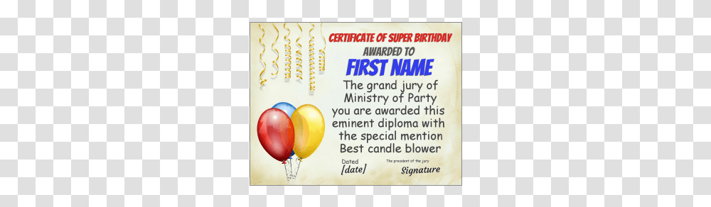 Birthday Certificate Free Template Greetingsdiscount Balloon, Flyer, Poster, Paper, Advertisement Transparent Png