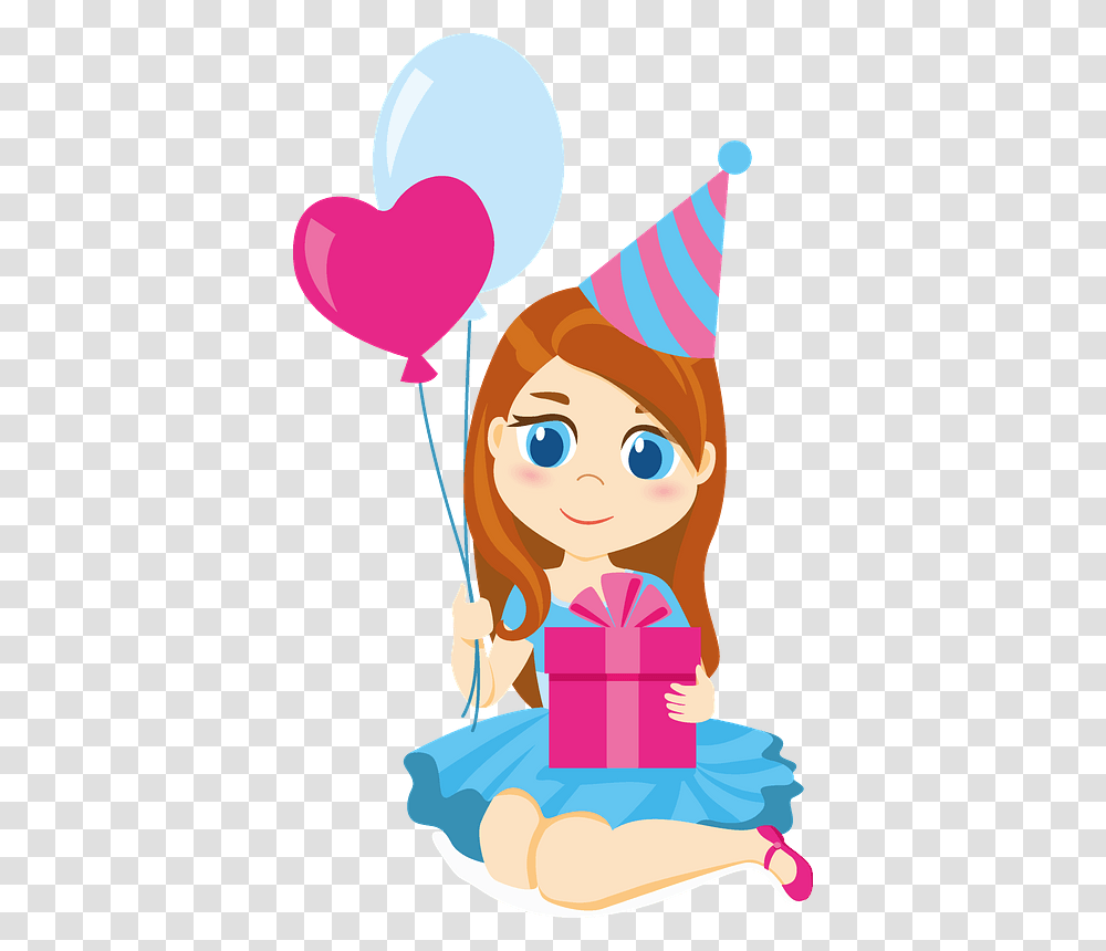 Birthday Girl With Balloons And Gift Box Clipart Birthday Girl Clipart, Apparel, Party Hat Transparent Png