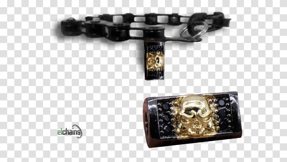 Black And Gold Pirate Ornament On A Bike Chain Bracelet Bracelet, Gun, Weapon, Weaponry, Buckle Transparent Png