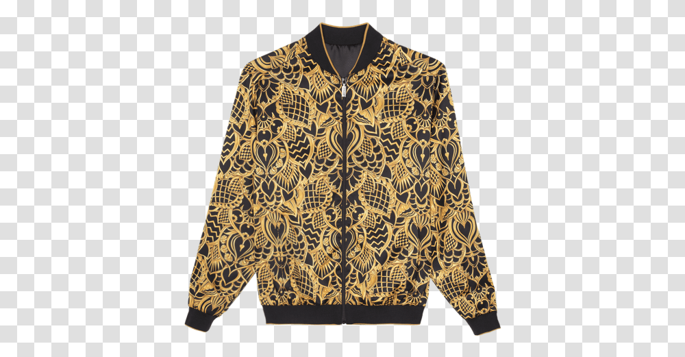 Black And Gold Zipped Bomber With Royal Pattern Cardigan, Clothing, Apparel, Sweater, Blouse Transparent Png