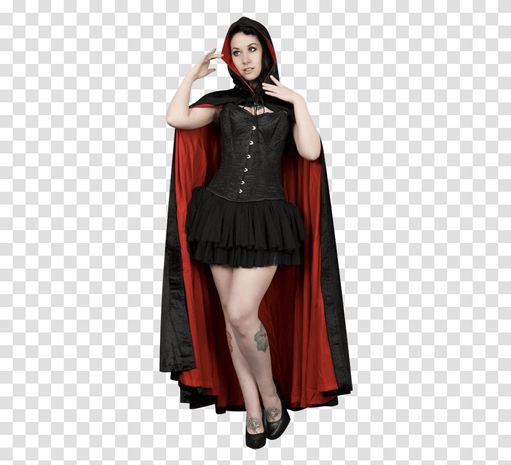 Black And Red Velvet Hooded Cape Cape, Apparel, Skirt, Person Transparent Png