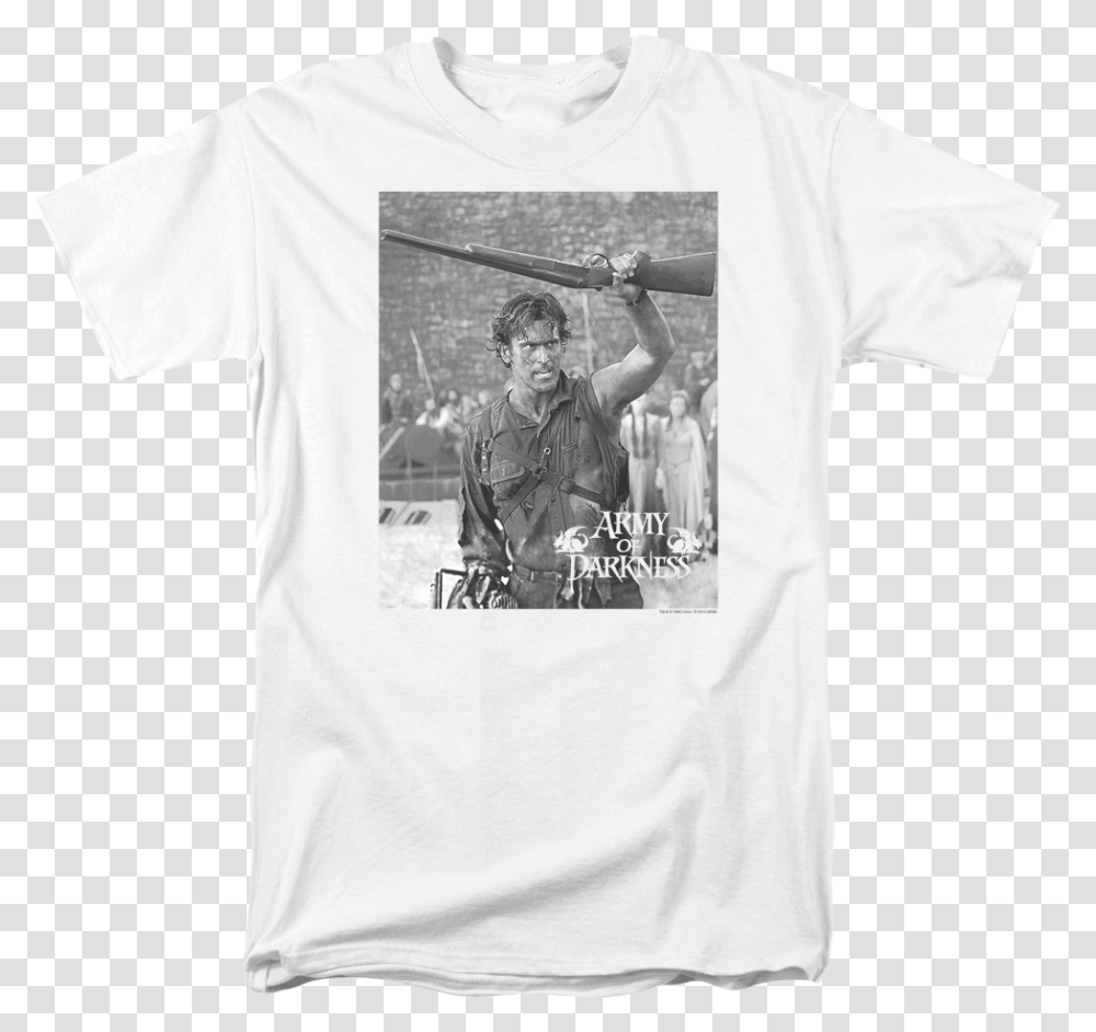 Black And White Boom Stick Army Of Darkness T Shirt T Shirt, Apparel, Person, Human Transparent Png