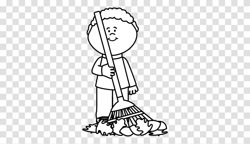 Black And White Boy Raking Autumng Leaves Unit Autumn Or Fall, Lamp, Broom, Musical Instrument, Leisure Activities Transparent Png
