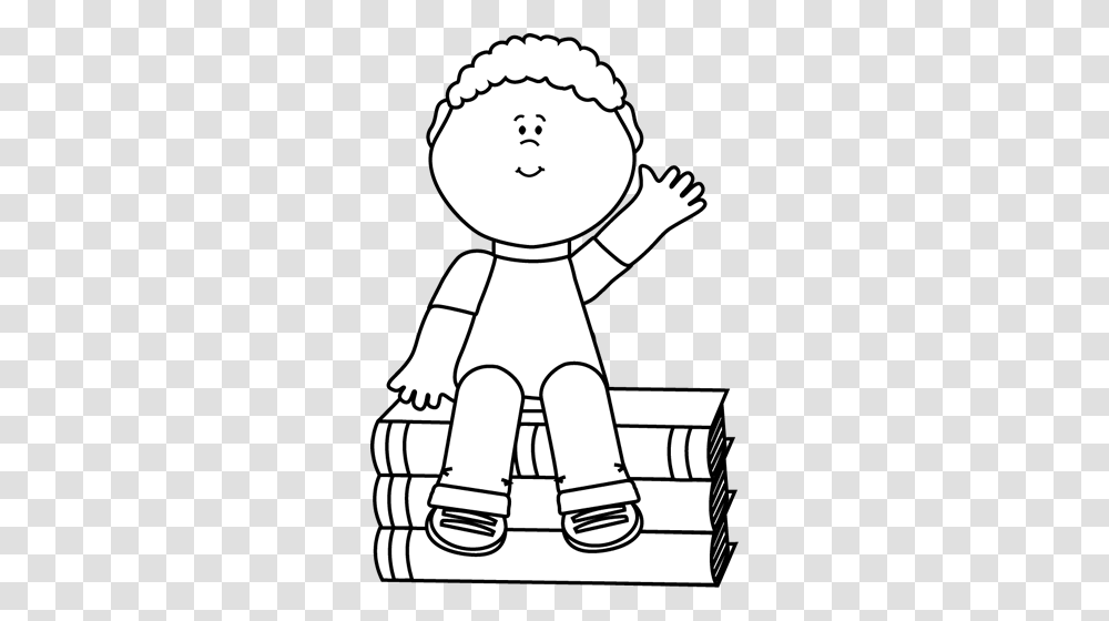 Black And White Boy Sitting On Books And Waving Clip Art, Drawing, Snowman, Outdoors, Nature Transparent Png