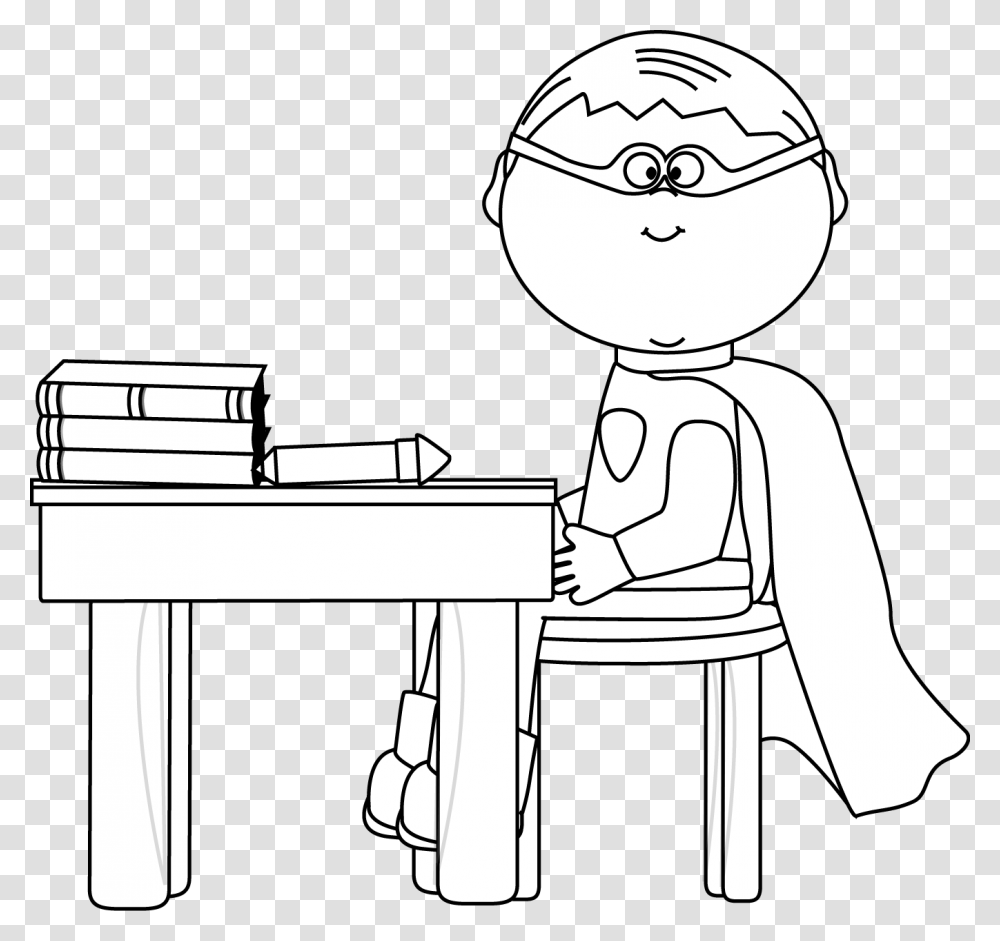 Black And White Boy Superhero At School Desk Black And White School Turtle Clipart, Furniture, Standing, Table, Sitting Transparent Png