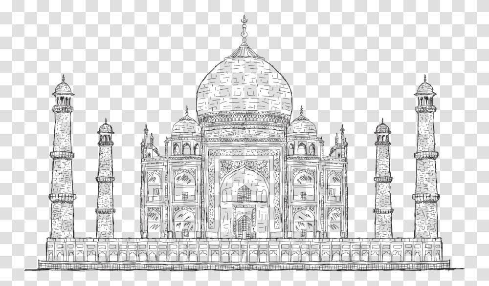 Black And White Drawing Of Taj Mahal Image India Taj Mahal Black And White, Dome, Architecture, Building, Mosque Transparent Png