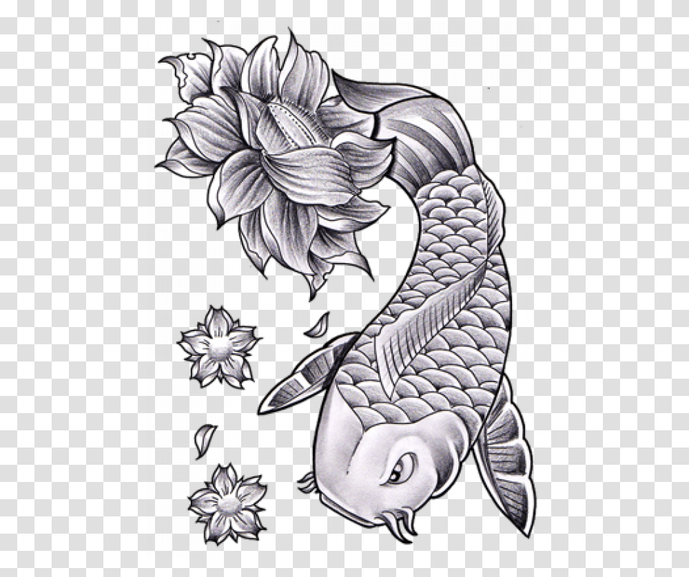 Black And White Koi Fish And Lotus Flower Tattoo, Doodle, Drawing Transparent Png