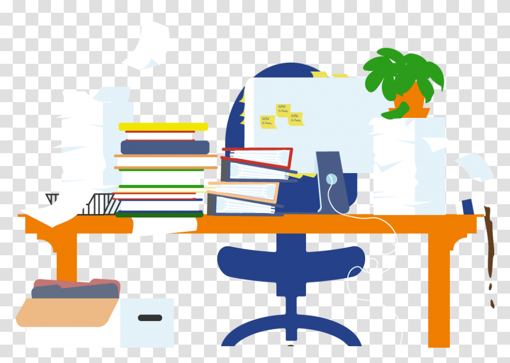 Black And White Man At Messy Desk Clipart Messy Office Desk, Tabletop, Furniture Transparent Png