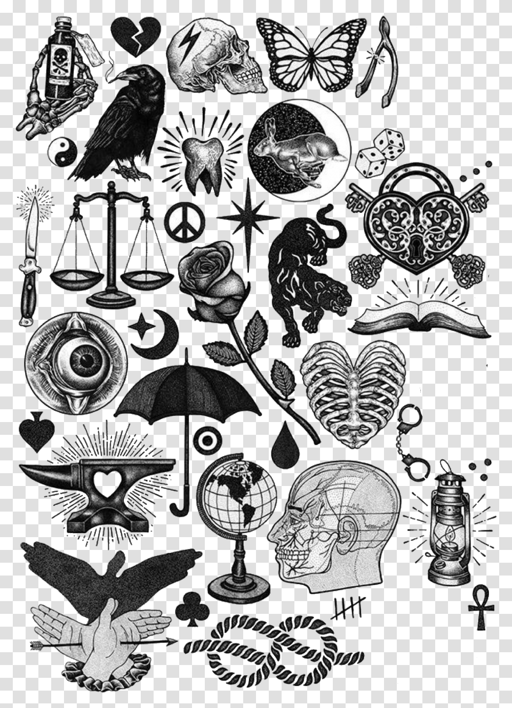 Black And White Tattoos Traditional, Pattern, Drawing, Collage Transparent Png