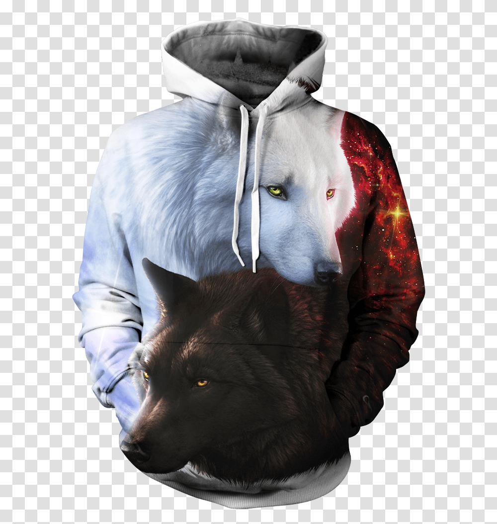 Black And White Wolf Hoodies - Hoodieco Yin Yang Fire And Ice Wolf Hoodie, Clothing, Apparel, Mammal, Animal Transparent Png