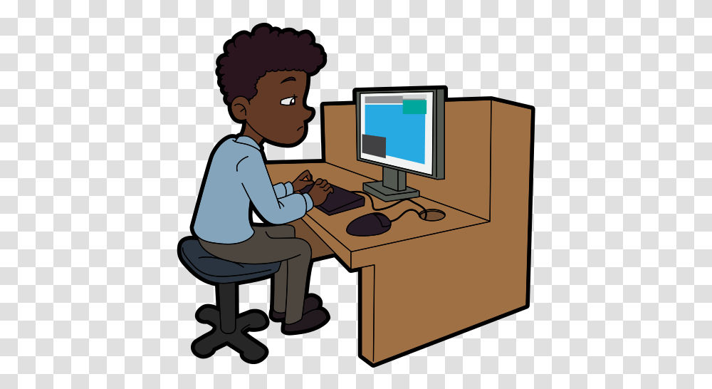 Black Cartoon Male Using A Desktop Computer At Work Male On Computer Cartoon, Furniture, Monitor, Screen, Electronics Transparent Png