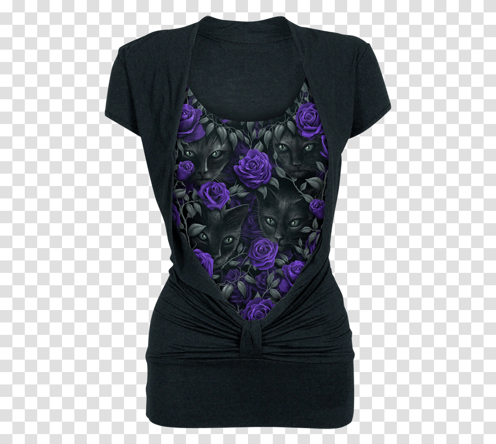 Black Cat And Purple Rose Knotted Top Tielko Dmska, Apparel, Sleeve, T-Shirt Transparent Png