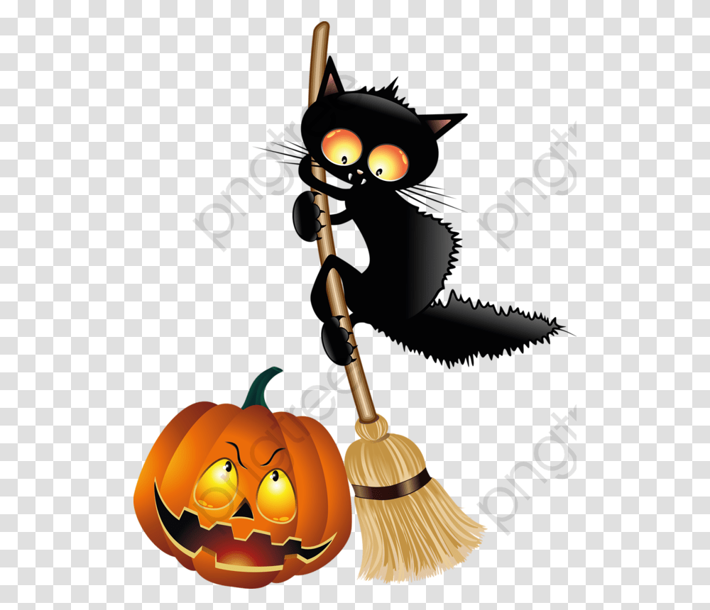 Black Cat Clipart Illustration Halloween Witch On A Broom, Lamp, Pumpkin, Vegetable, Plant Transparent Png
