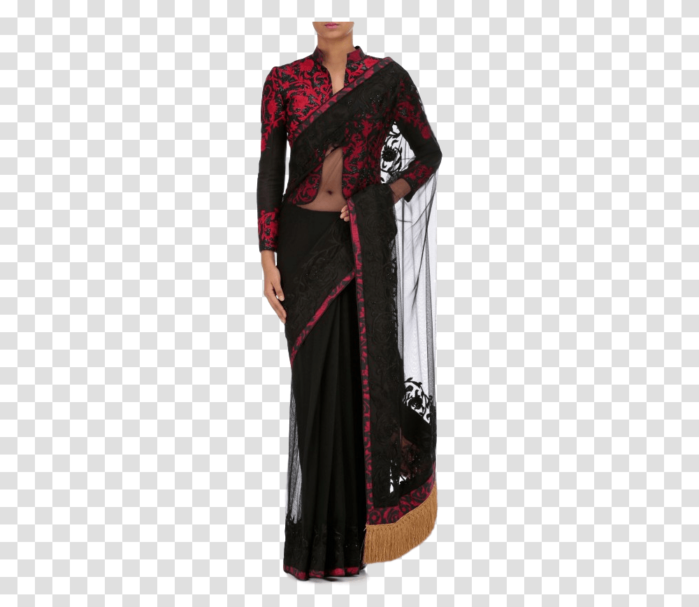 Black Color Saree With Thread Embroidery Black Color Party Wear Sarees, Apparel, Person, Human Transparent Png