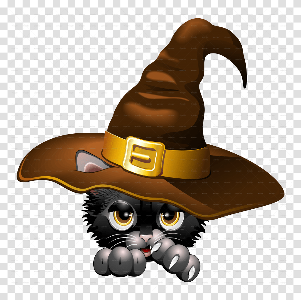 Black Kitten Cartoon With Witch Hat Halloween Witch Hat Clipart, Clothing, Apparel, Lawn Mower, Tool Transparent Png