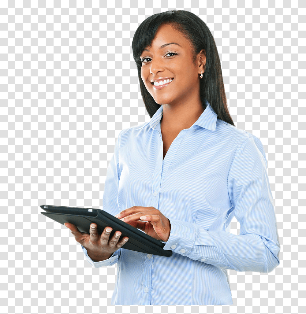 Black Lady Black Woman With Tablet, Shirt, Person, Long Sleeve Transparent Png