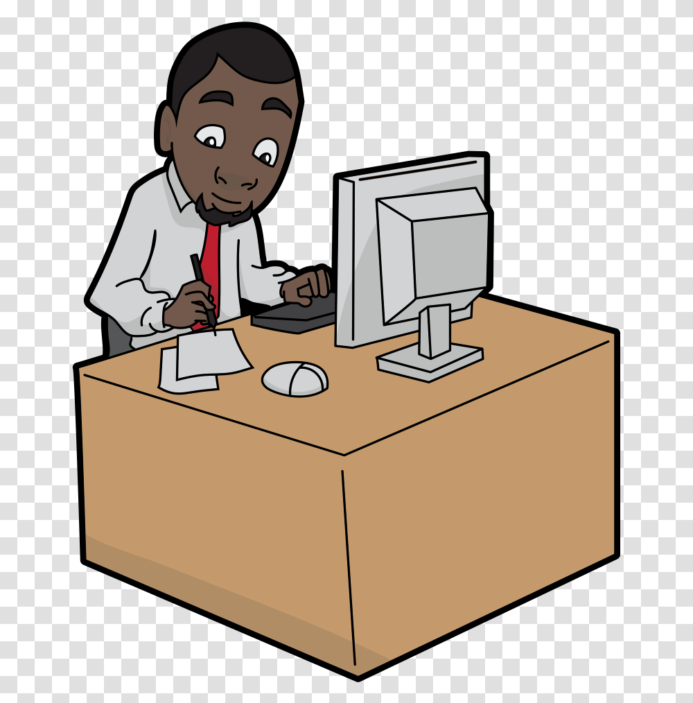 Black Man On Computer Cartoon, Desk, Table, Furniture, Person Transparent Png