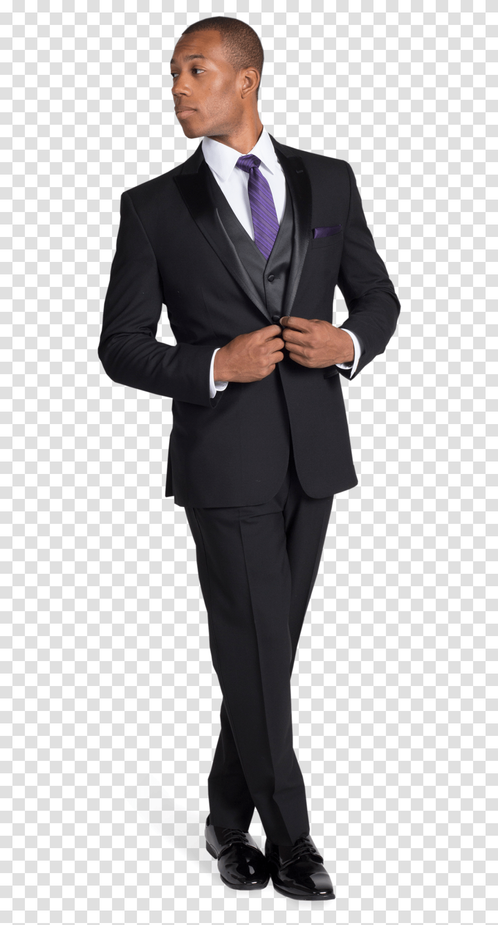 Black Peak Lapel Tuxedo With Purple Tie Black Tuxedo With Purple, Suit, Overcoat, Apparel Transparent Png
