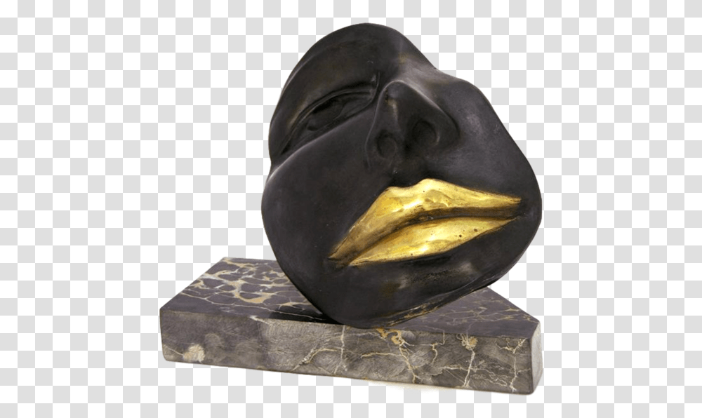 Black Sexy Bronze Sculpture Of A Partial Face With Gold Lips Bronze Sculpture, Statue, Tabletop, Furniture, Head Transparent Png