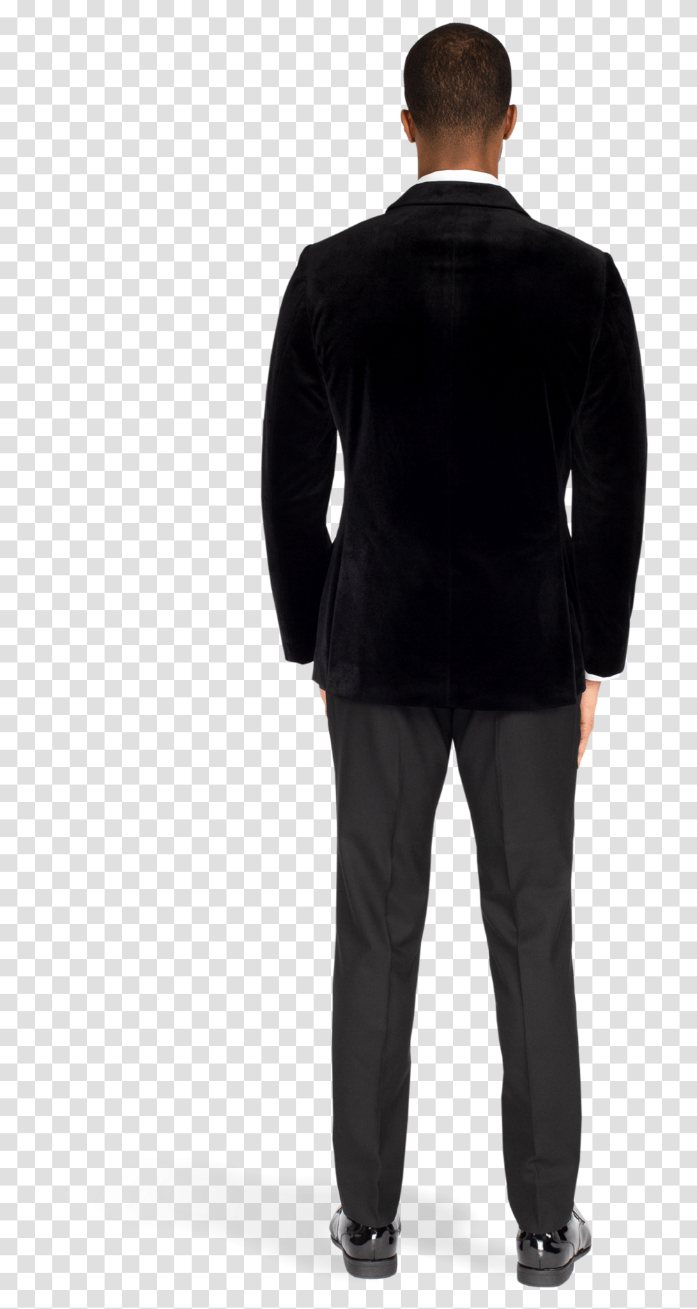 Black Velvet Peak Lapel Tuxedo Back Of Double Breasted Suit, Apparel, Overcoat, Sleeve Transparent Png