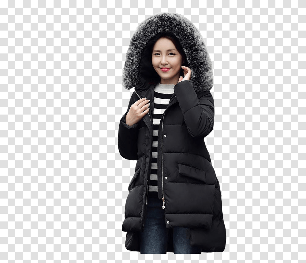 Black Winter Jacket For Women Image Hood, Apparel, Coat, Overcoat Transparent Png