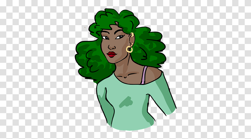 Black Woman Black Lady Green Hair Fashion Lady Cartoon, Neck, Plant, Sleeve Transparent Png