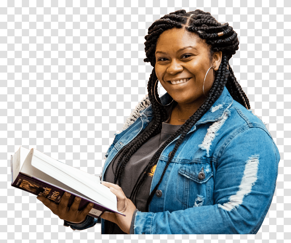 Black Woman Holding A Book Girl, Person, Female, Jacket Transparent Png