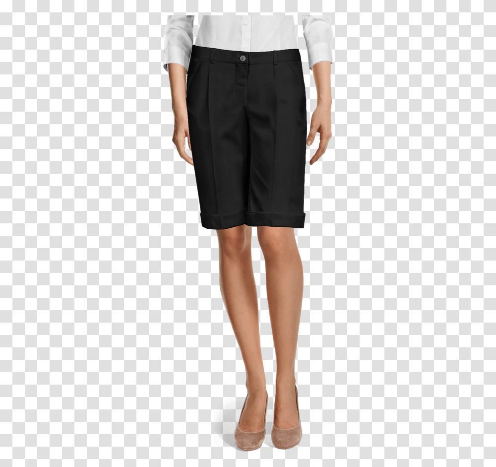 Black Wool Blend Pleated Cuffed Bermuda Shorts View Black Velvet Cigarette Pants, Person, Shoe, Footwear Transparent Png