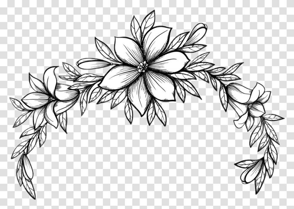 Blackandwhite Lineart Outline Flowers Floral Flowercrown Drawing Of Leaves And Flowers, Floral Design, Pattern Transparent Png
