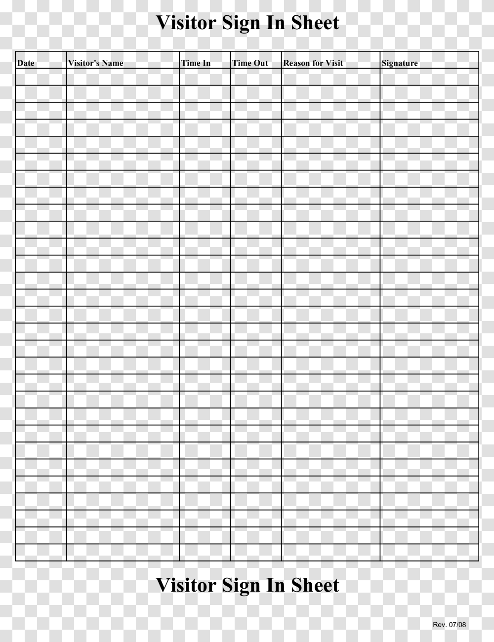 Blank Visitor Sign In Sheet Half Hour Time Table, Gray, World Of Warcraft Transparent Png