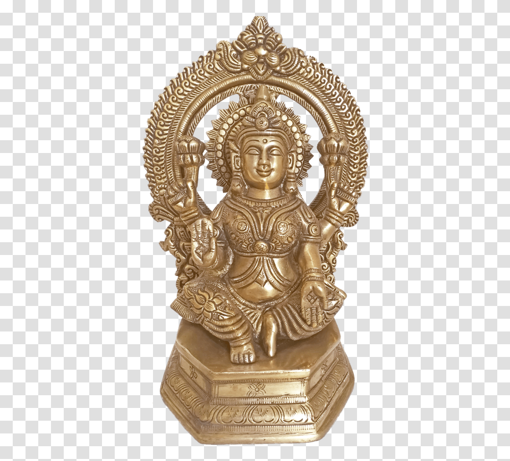 Blessing Brass Goddess Lakshmi With Arch Statue 4 Carving, Gold, Wedding Cake, Food Transparent Png