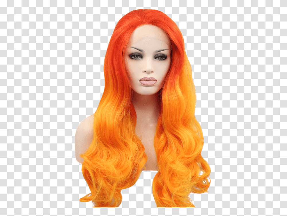 Blood Orange Ombr Wavy Long Lace Front Wig Yellow Orange Wig, Hair, Person, Human Transparent Png
