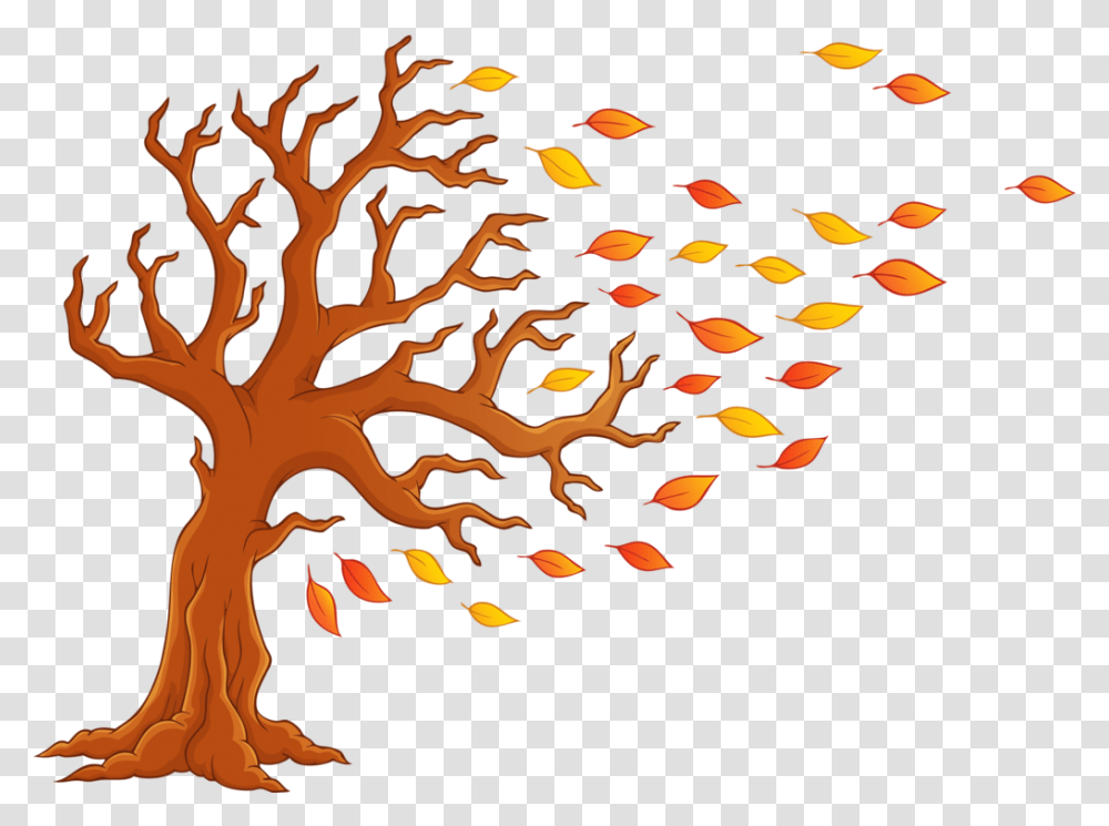 Blowing Leaves Clipart Cartoon Fall Tree, Nature, Outdoors, Mountain, Landscape Transparent Png