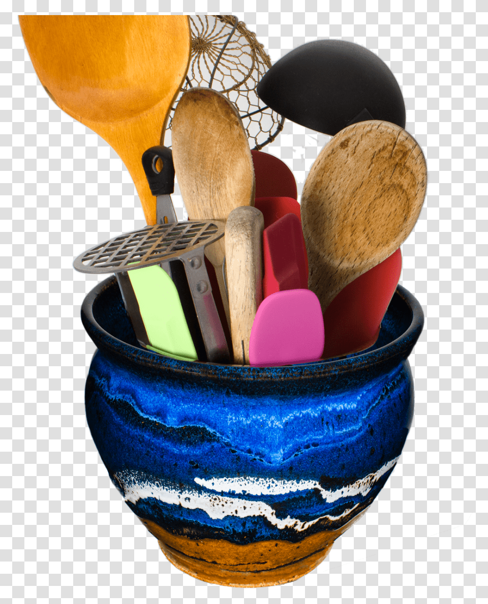 Blue Amp Brown Handmade Pottery Spoon Holder Makeup Brushes, Wooden Spoon, Cutlery, Bowl Transparent Png