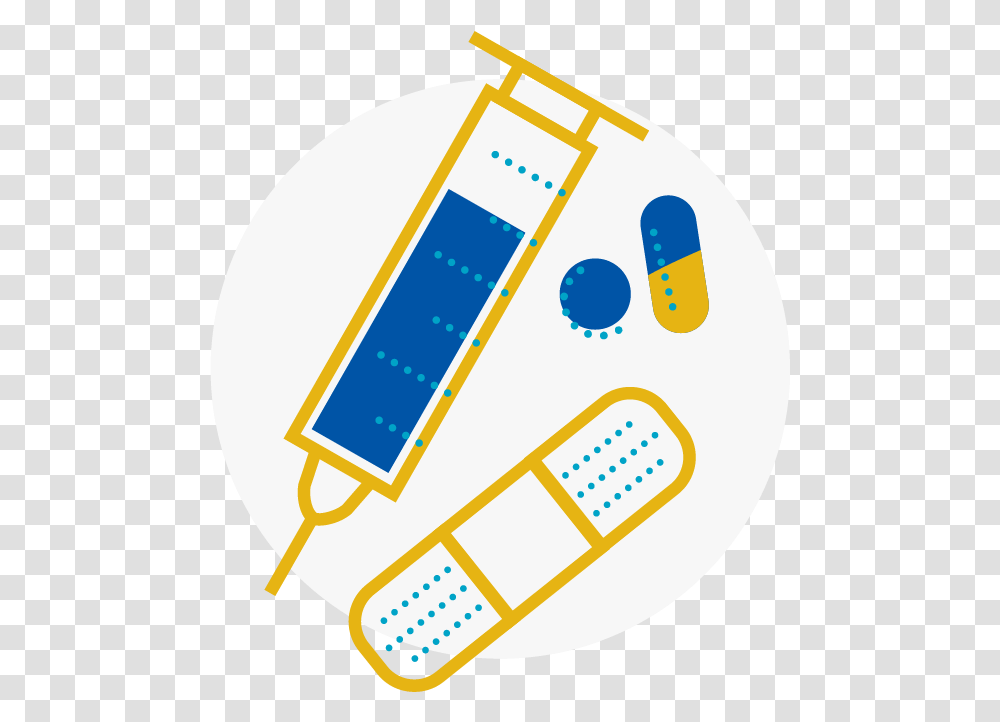 Blue And Yellow Icon Of Medical Pills And Equipment Illustration, First Aid, Bandage, Label Transparent Png