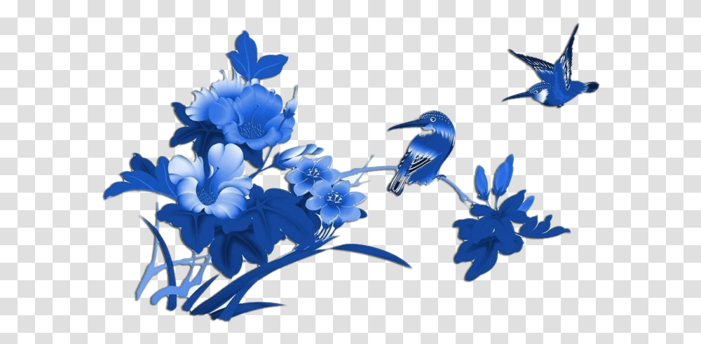 Blue Chinoiserie Flower, Jay, Bird, Animal, Plant Transparent Png
