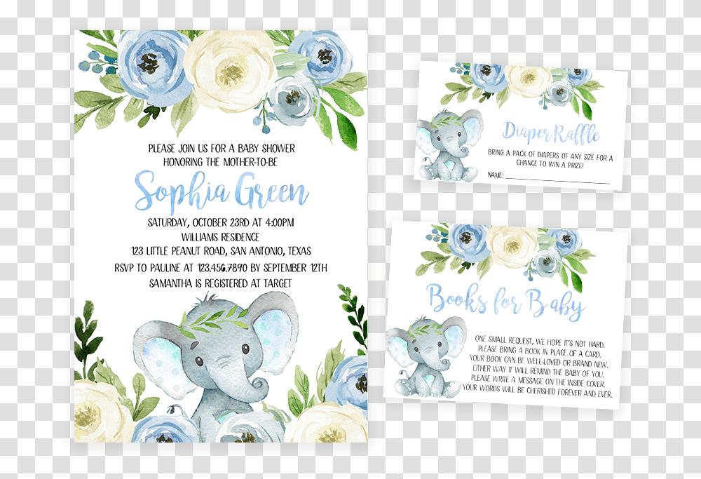 Blue Floral Elephant Baby Shower Invitation Pack Baby Shower Welcome Sign Free, Advertisement, Poster, Paper, Flyer Transparent Png