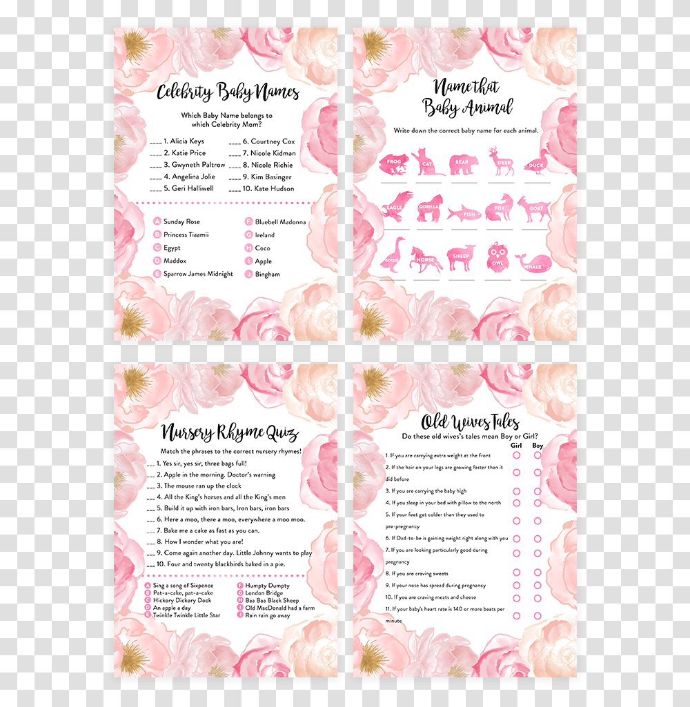 Blush Pink Floral Baby Shower Game Pack Wedding Invitation, Poster, Advertisement, Flyer, Paper Transparent Png