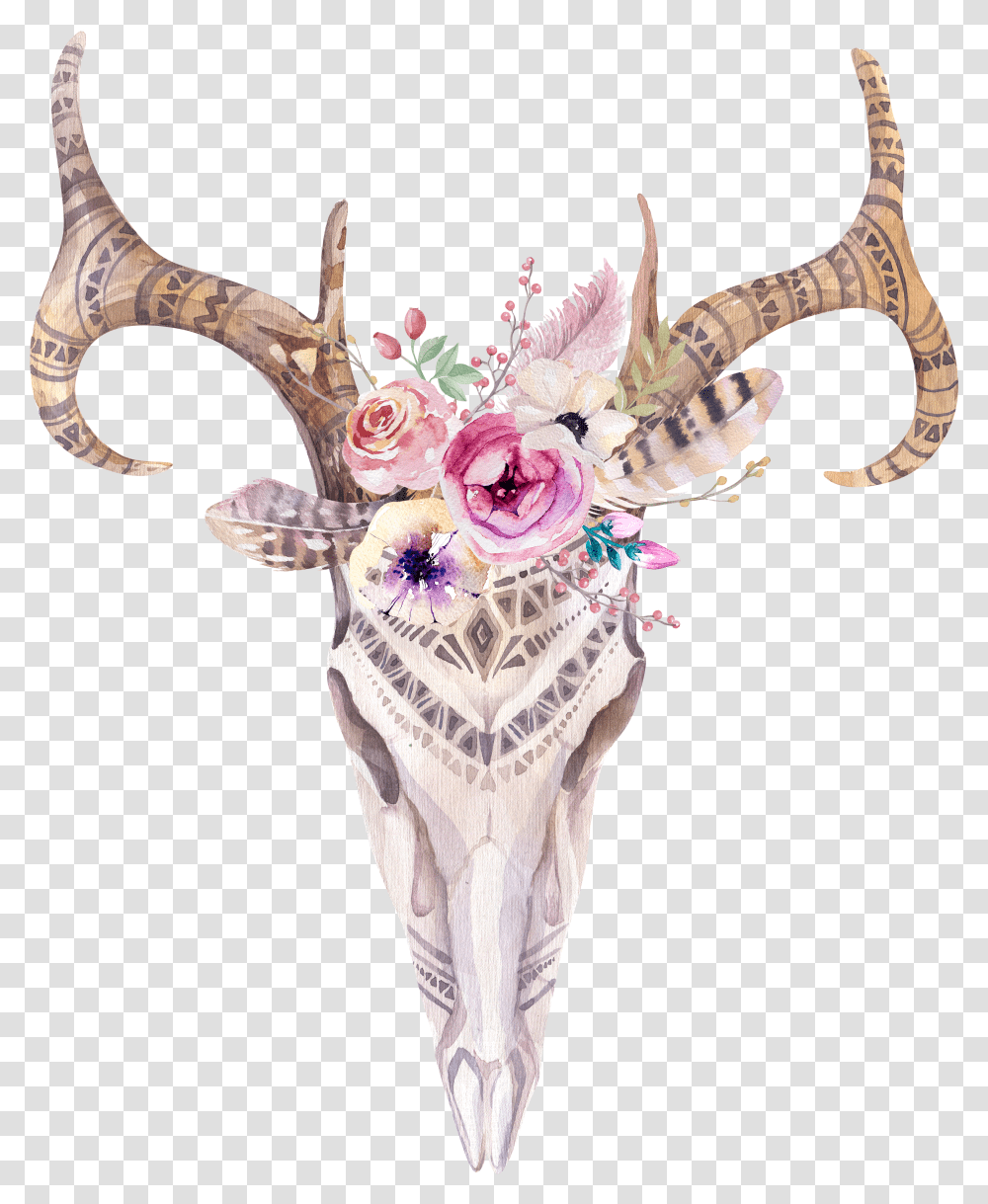 Boho Skull With Antlers Canvas Deer Skull Painting Transparent Png