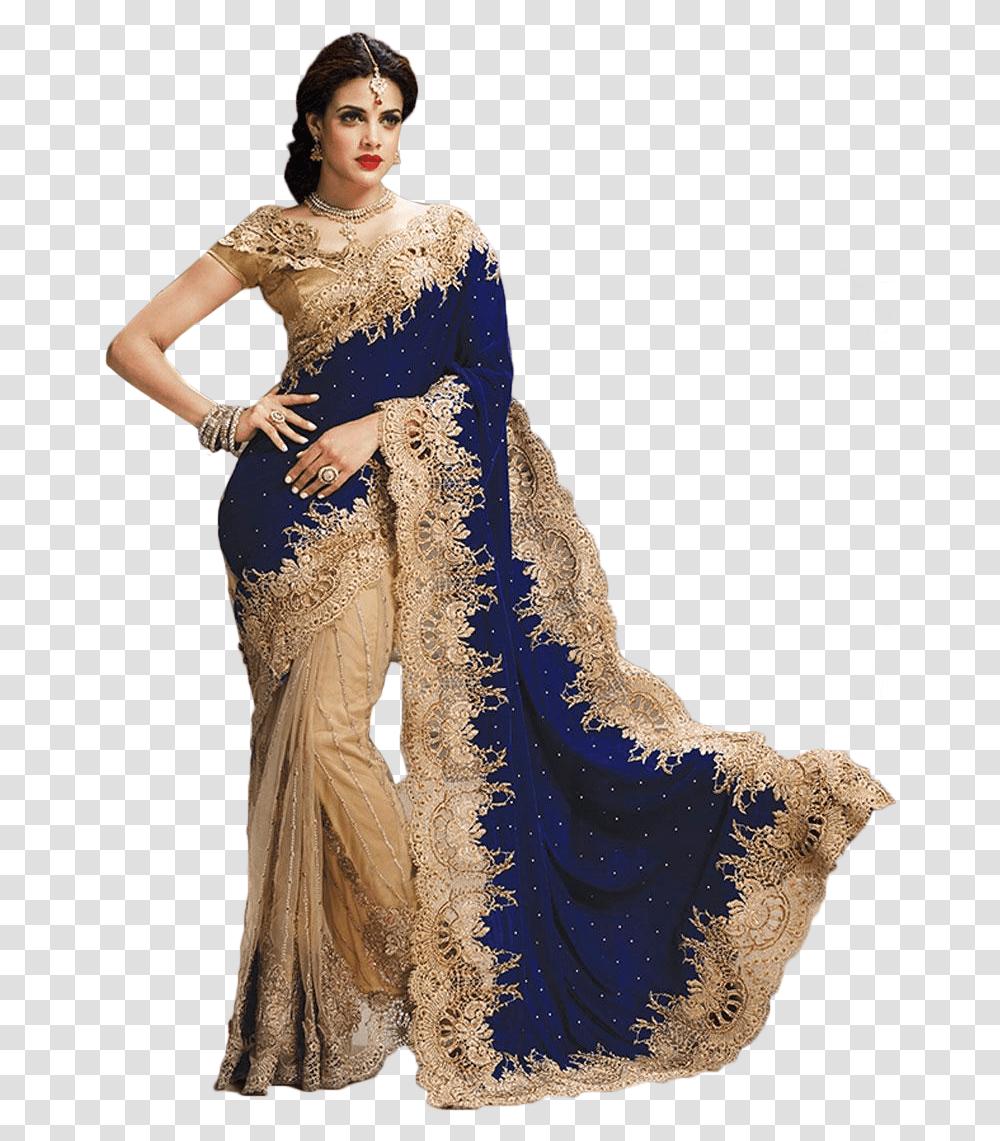 Bollywood Style Model Velvet And Net Saree In Blue Saree Fashion, Apparel, Evening Dress, Robe Transparent Png
