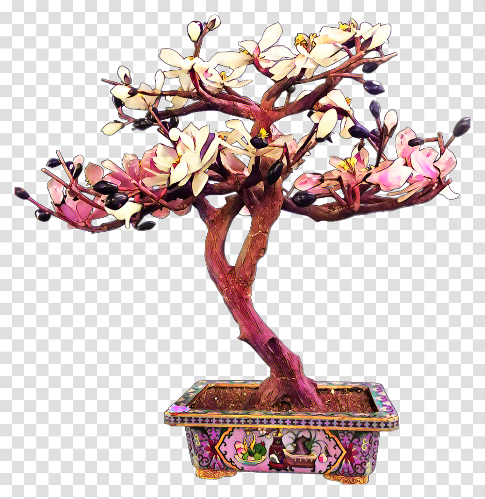 Bonsai Tree Flowers Leaves Multicolored Beautiful Cherry Blossom, Potted Plant, Vase, Jar, Pottery Transparent Png