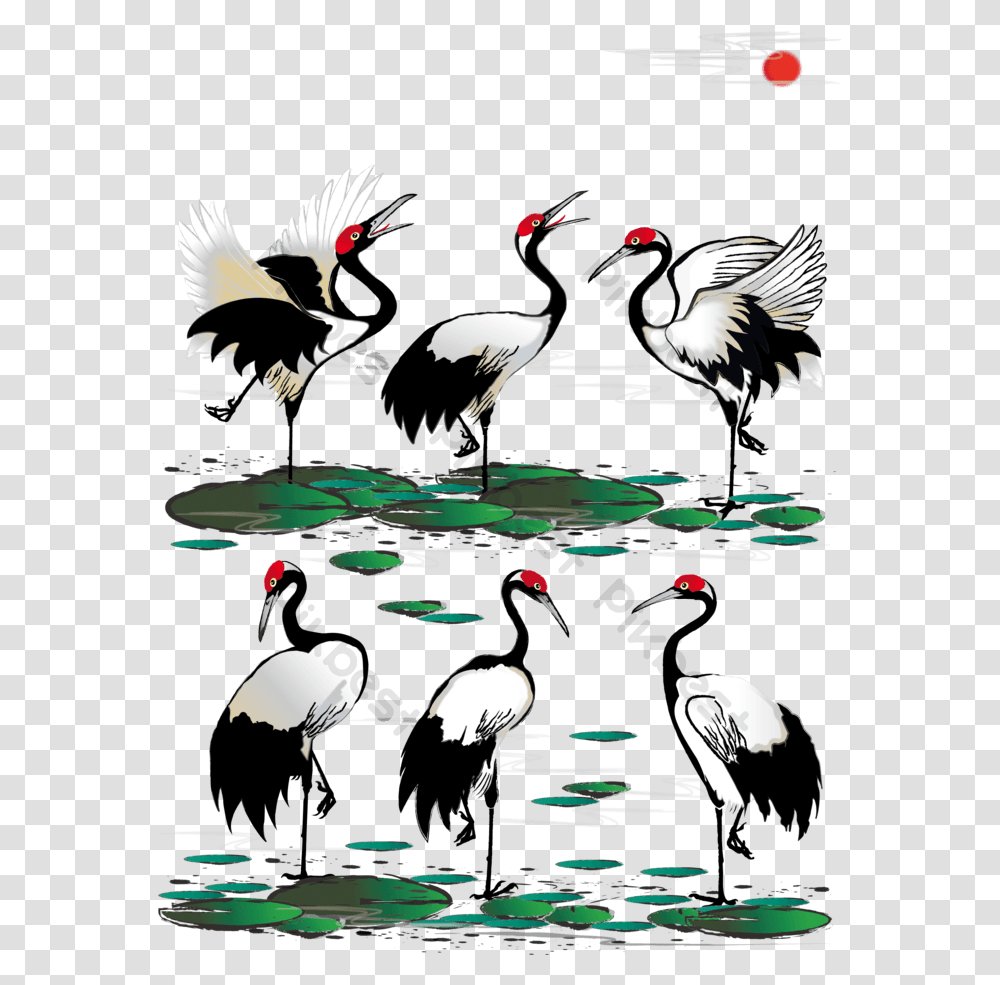 Boutique Chinese Feng Shui Ink Crane Red Crowned Crane Lotus V Su U, Bird, Animal, Flying, Vehicle Transparent Png