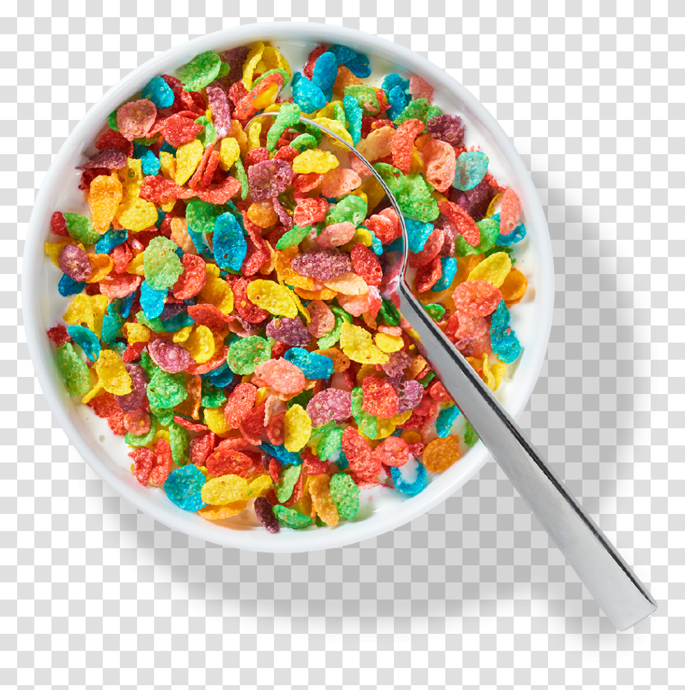 Bowl Of Candy Fruity Pebbles Cereal Bowl, Spoon, Cutlery, Food, Lollipop Transparent Png